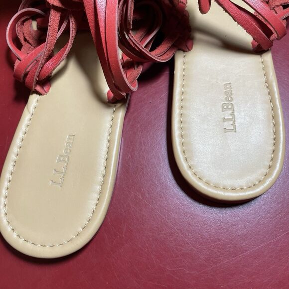 L.L.Bean Sandals Womens 7M Red Leather Flat Tassel Slingback Bow Artsy Boho - Picture 6 of 9